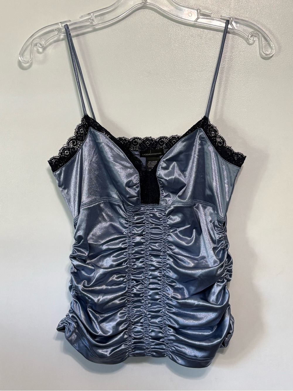Vtg Moda International Blue Satin Lace Cami Top Ruched Y2K Coquette Camisole M